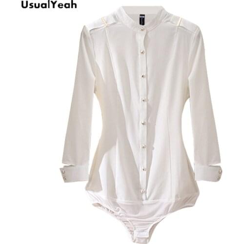 UsualYeah New Women Fashion Office Lady Body Blouse Button Slim Fit Stand Collar Shirt Black Beige Blusas S-XL SY0337