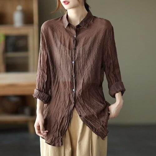QPFJQD Ladies Pleated Silk Linen Shirt Turn Down Collar Spring Autumn Women Retro Loose Blouses Full Sleeve Solid Color