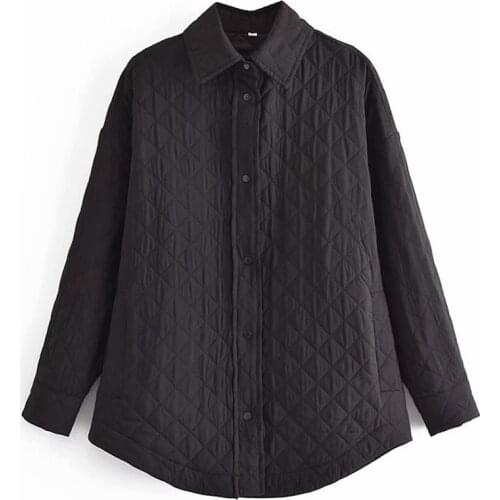 Aonibeier 2021 Za Autumn Winter Quilted Casual Loose Women Padded Black Jackets Curved Hem Drop Shoulder Covered Buttons Coat