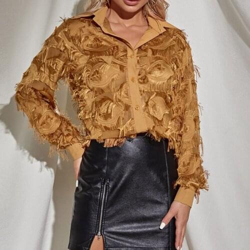 Women Vintage Tassel Shirt Single Breasted Long Sleeve TurnDown Collar Feathers Shirt Autumn Casual Office Female 2021 Chic