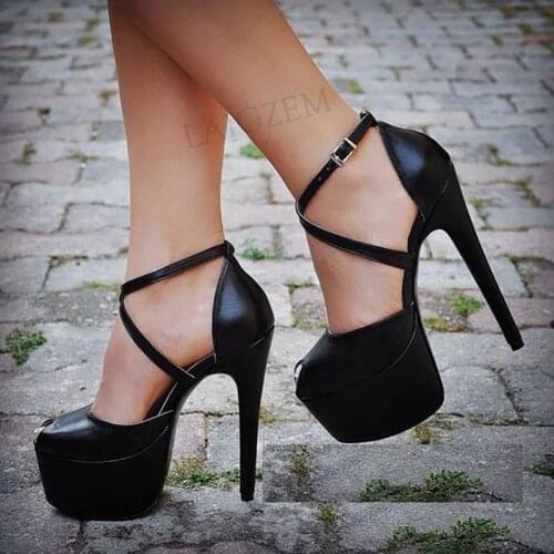 SEIIHEM Women Platform Sandals Peep Toe Cross Straps Stiletto High Heels Pumps Ladies Female Shoes Women Plus Size 42 44 50 52