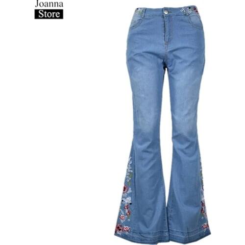 Spring Embroidery Denim Bell-Bottom Pants Women Mid Waist Flowers Slim Vintage Jeans Autumn Black Plus Size Wild Trousers Female