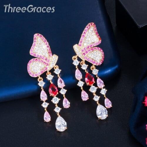 ThreeGraces Trendy Butterfly Chandelier Dangle Earrings for Women Shiny Pink CZ Topaz Fashion Party Engagement Jewelry ER588