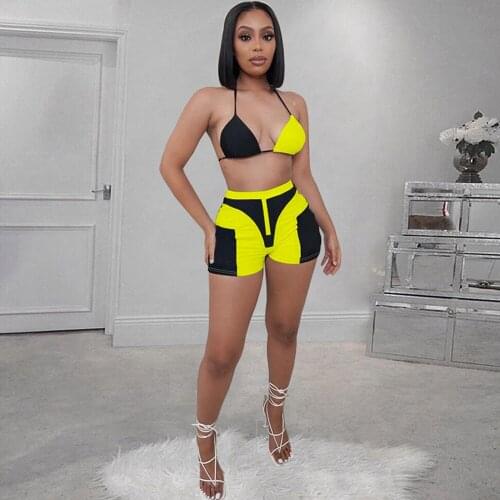 Contrast Color Spliced Two Piece Short Sets Halter Backless Bra Top and Sportswear Biker Short for Women Activewear Tracksuit