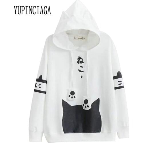 Women Hooded Sweatshirt Cartoon Cat Print Harajuku Cute Hoodies 2020 Spring Long Sleeve Loose Long Sleeve Girl Casual Pullovers