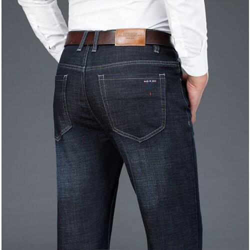 2021 Autumn Winter Brand Soft Cotton Stretch High Waist Straight-leg Blue Jeans Classic Style Business Mens Fit Denim Jeans