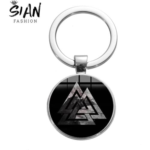 SIAN Pagan Amulet Charm Keychain Slavic Norway Valknut Viking Totem Glass Round Metal Key Chain Odin 's Symbol of Norse Warrior