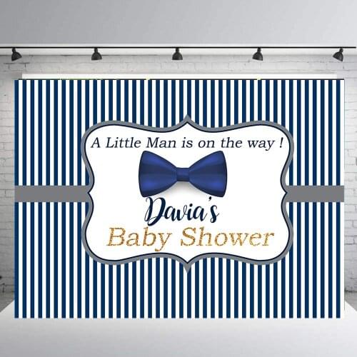 BEIPOTO Little Man Personalized bakdrop Boy Baby Shower Photo Background Blue Bow Tie Stripes Candy Table Banner Studio B-392