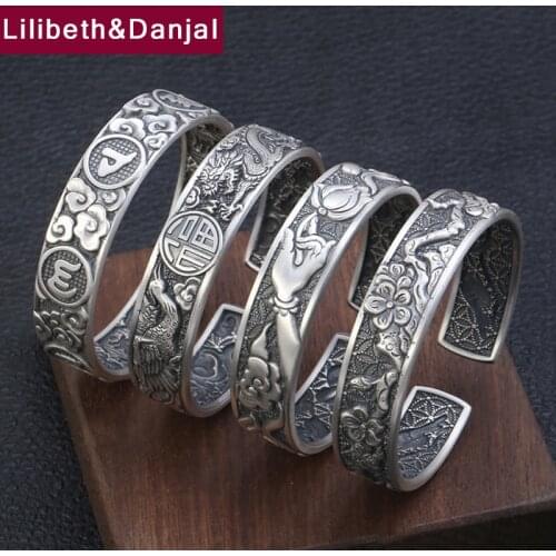 Women Men Bangle 100% Real S999 sterling silver Buddha Mantra Lotus Dragon Phoenix Opening Bracelet Bangle jewelry argent 925 B2