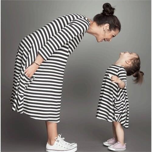 Black white stripe beach dress baby mother kids matching outfit spring summer children bohemia style vestido 2-8Yrs