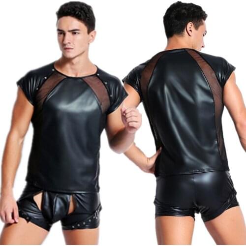 Sexy Men Faux Leather T Shirts Male Fashion Undershirts Men Black Tees Tight Shirts Gay Funny Corset Lace Mesh Dancewear