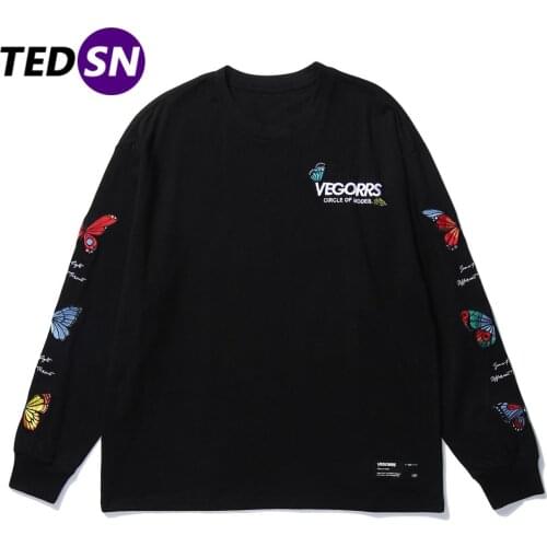 Hip Hop Harajuku Oversized Tshirt Long Sleeve T-Shirts Side Multicolour Butterfly Print 2020 Autumn T Shirt Casual Tees Shirts