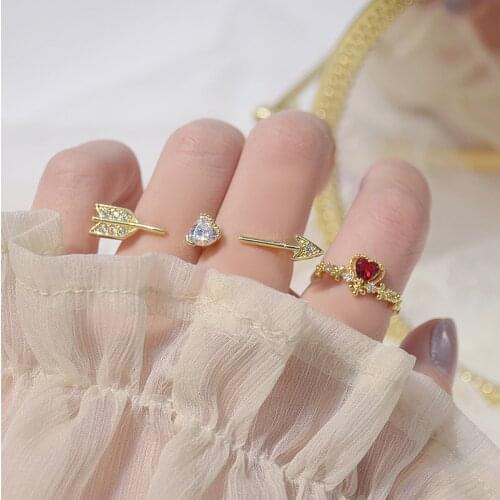 Delicate Jewelry 14K Real Gold Adjustable Crystal Heart Rings for Women Luxury Pink Cubic Zircon Arrow Rings