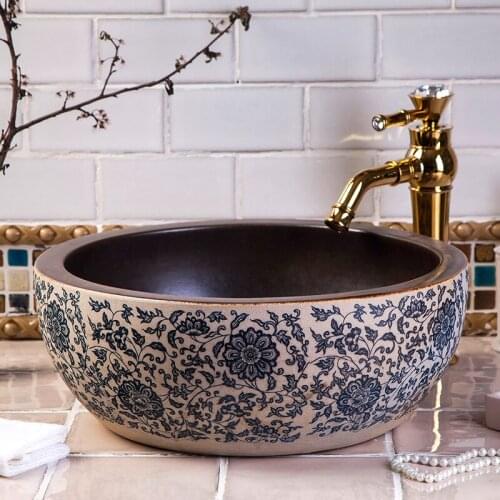 Round shape China Procelain wash basin sink Lavabo ceramic art sinks Countertop blue white ceramic wash basin bathroom sinks