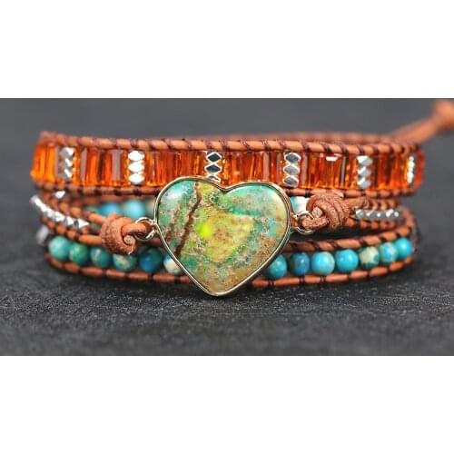 2021 Handmade natural stone heart shape charm Leather Wrap Bracelet&Bangle yoga lovers gift Jewelry drop shipping