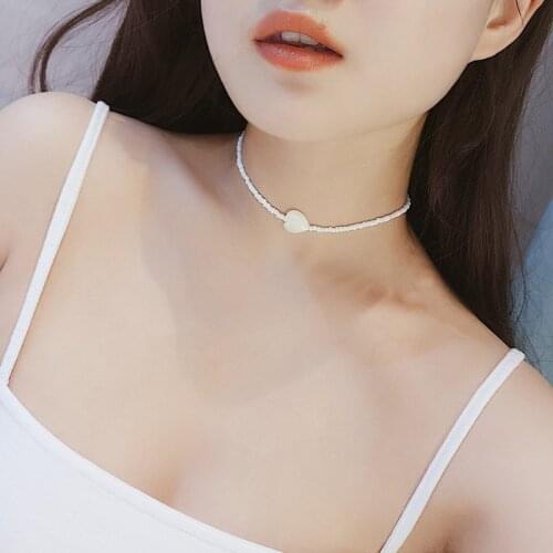 Kpop Fashion Necklace For Women White Color Rice Bead Necklaces Geometric Scallop Heart-Shaped handwork Beaded Necklace Collares
