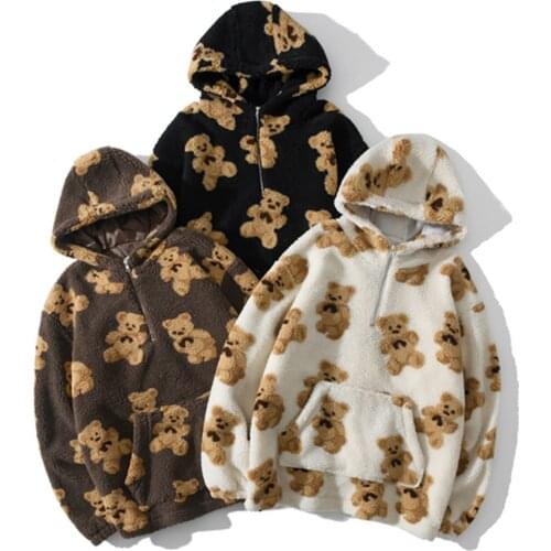 Hip Hop Autumn Winter Lambswool Jacket Men Streetwear Bear Print Zipper Cardigan Coats Harajuku Loose Hooded Couple Coat Outwear