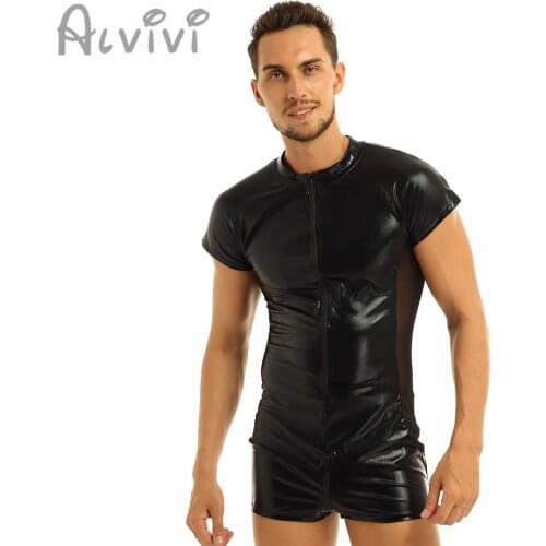 Latex Catsuit Rubber Faux Leather Mesh Jumpsuits Wet look Bodysuit Men Faux Leather Mesh Jumpsuits One-piece Leotard Bodysuit