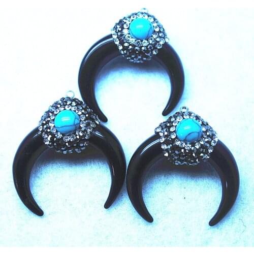 2pcs hot women pendants for necklace making black is resign material with rhinestone with blue turquoise lovely jewelry makings