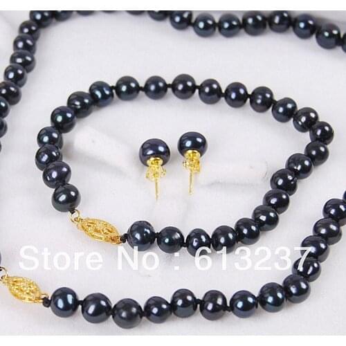 Fashion style 8-9mm beautiful black akoya cultured pearl diy Necklace Bracelet Earrings Set MY5013