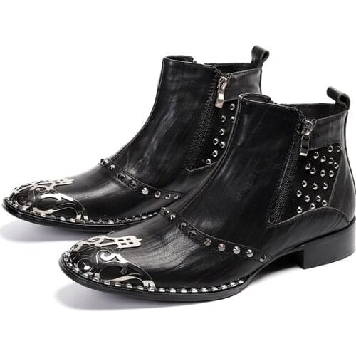 Metel Round Toe Leather Western Boots Men Rhinestore Bordered Mens Boots Casual Rivets Spikked Black Ankle Boots With Zipper