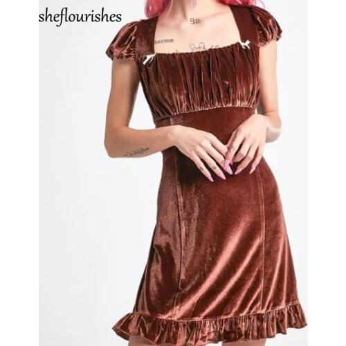 Summer A line dress women short sleeve dresses kawaii mini dress vintage square neck dresses ruffle velvet dress black brown