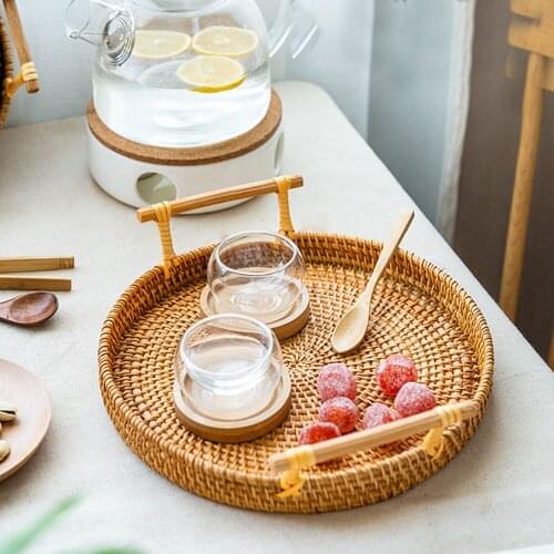 Handwoven Food Storage Platter Plate Rattan Storage Tray Bread Fruit Food Breakfast Display Tray with Handle