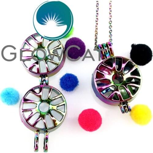 R-C615 Rainbow Color Round Wheel Beads Cage Pendant Aromatherapy Perfume Diffuser Pearl Cage Locket Necklace