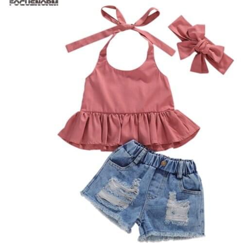 1-6Y Fashion Kids Girls Clothes Sets Solid Ruffles Sleeveless Belt Vest Tops Denim Shorts 2pcs Outfits