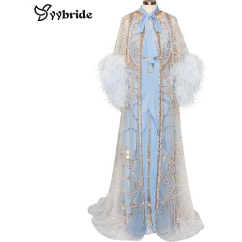 YYbride New Design Two Pieces Muslim Dresses V-Neck Jumpsuits With Long Crystals Cape Gold beading Feathers Sleeves Prom Dresses