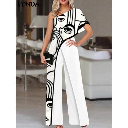 Women Fashion Jumpsuits 2021 VONDA One Shoulder Printed Jumpsuits Women Trousers Female Palazzo Wide Leg Pants Pantalon Femme