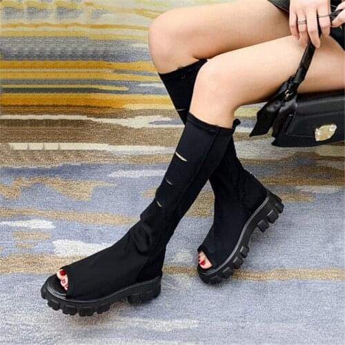 PXELENA Retro Women Punk Knee High Boots Gladiator Sandals Summer Spring Peep Toe Chunky Block Heels Platform Gothic Shoes 34-43
