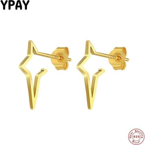 YPAY 100% Real 925 Sterling Silver Stud Earrings for Women Girls Cross Star Shape Earring Brinco Fine Party Jewelry Gift YME736
