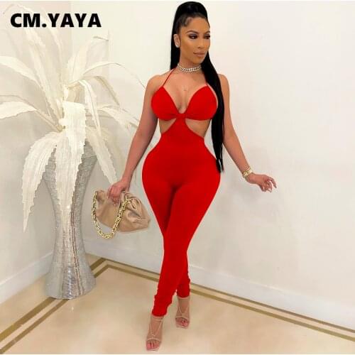 CM.YAYA Women Jumpsuit Solid Halter Bandage Back Hollow Out Sheath Elastic Bodycon Jumpsuits Sexy Night Club Outfit Summer 2021
