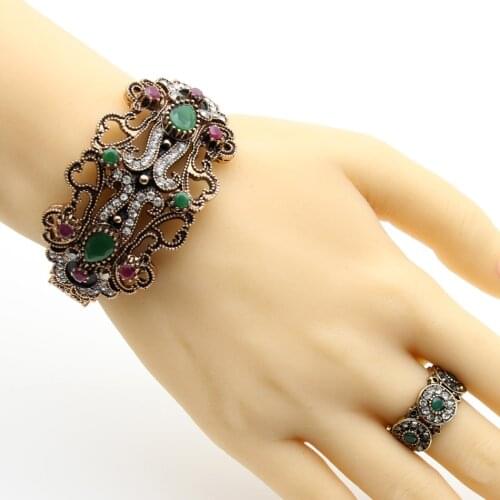 New Turkish Women Vintage Bangle Ring Jewlery Sets Antique Gold Color Resin Hollow Flower Bracelet Indian Wedding Party Bijoux