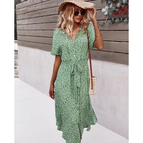 2021 Women Casual Summer Dresses Holiday Dot Print Empire Party Beach Short Sleeve Vestidos De Verano Robe Femme Long Dress