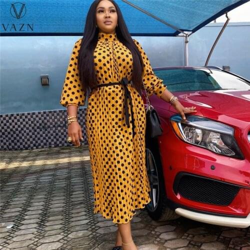 VAZN 2021 Spring Plus Size High-end Chiffon Dot Long Dress Overalls Retro Young Free Full Sleeve Sweet Sexy Women Maxi Dress