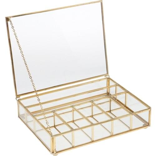 Golden Vintage Glass Lidded Rectangle Box Bracelet Keepsake Decorative Jewelry Display Home Decor