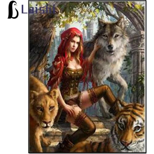 5D round square diamond embroidery Egyptian woman with lion, tiger and wolf diamond painting mosaic pictures rhinestones icon