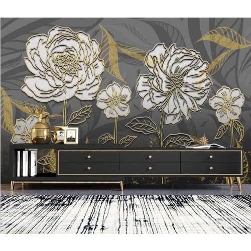 Beibehang Custom Photo Wallpaper Hand Painted Floral golden embossed lines Wall Mural Living Room Home Decor Painting wallpaper