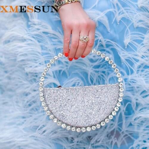 Sequins with Diamond Circular Evening Bags for Women 2021 Round Handle Rhinestone Dinner Clutch Purse Ladies Half Moon Handbag