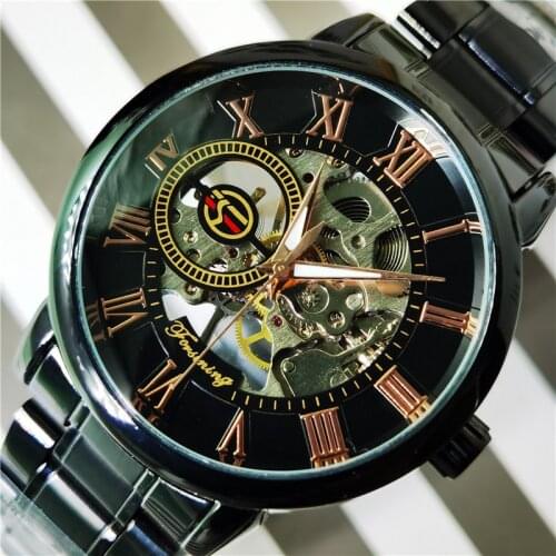 Forsining Top Brand Luxury 3D Hollow Engraving Full Black Clock Luminous Design Black Stainless Steel Mens Mechanical Watches