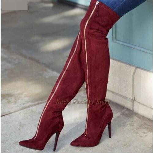 Wine Red Suede Leather Luxury Over The Knee Long Boots Thin High Heel Women Front Long Zipper Gladiator Fashion Boot Plus Size