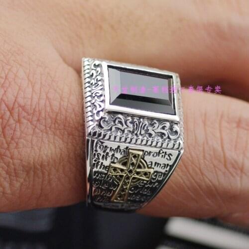 * import Thailand, authentic G V virgin black natural stone ring surface and cross sterling silver ring