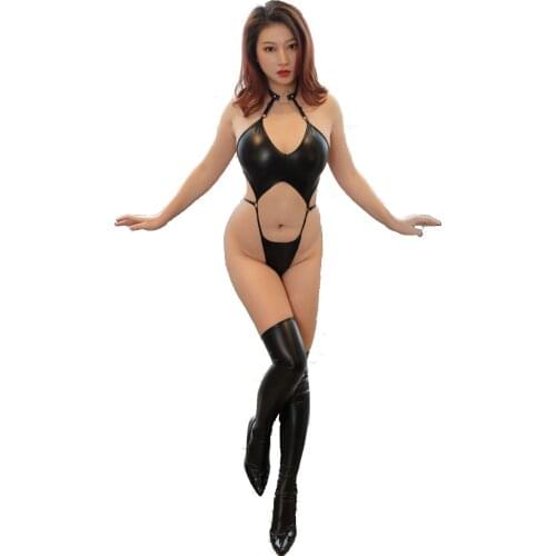 2 Piece Set Oil Glossy Faux Latex PU Leather Erotic Lingerie Hollow Out High Cut Thong Japanese Sukumizu Bodysuit Swimwear Suits