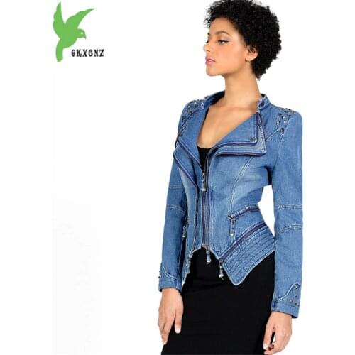 Short jacket womens 2019 spring denim motorcycle Windbreaker Plus size 6XL zipper tops Diamonds Slim female fashion jeans coats