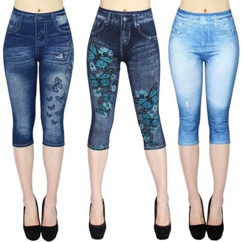 Short Leggings Pants Women High Waist Summer Sport Leggings Ladies Casual Gym Faux Jeans Push Up Workout Legging Trousers Woman