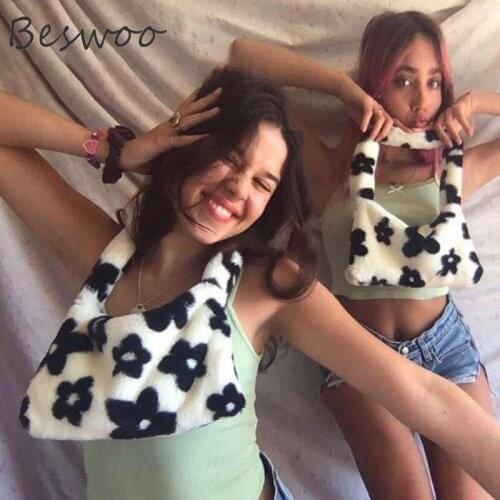 Ins Fashion Plush Women Bag Autumn Winter Flower Pattern Ladies Shoulder Bag Faux Fur Underarm Bags Cute Furry Handbag Tote Bag