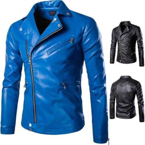Mens leather jacket slim motorcycle coat jackets Diagonal zipper clothes personalized stage street dance rock fashion black blue