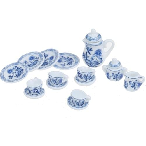 15Pcs 1/12 Miniature Kitchen Flower Patten Porcelain Coffee Tea Cups Ceramic Tableware Accessories